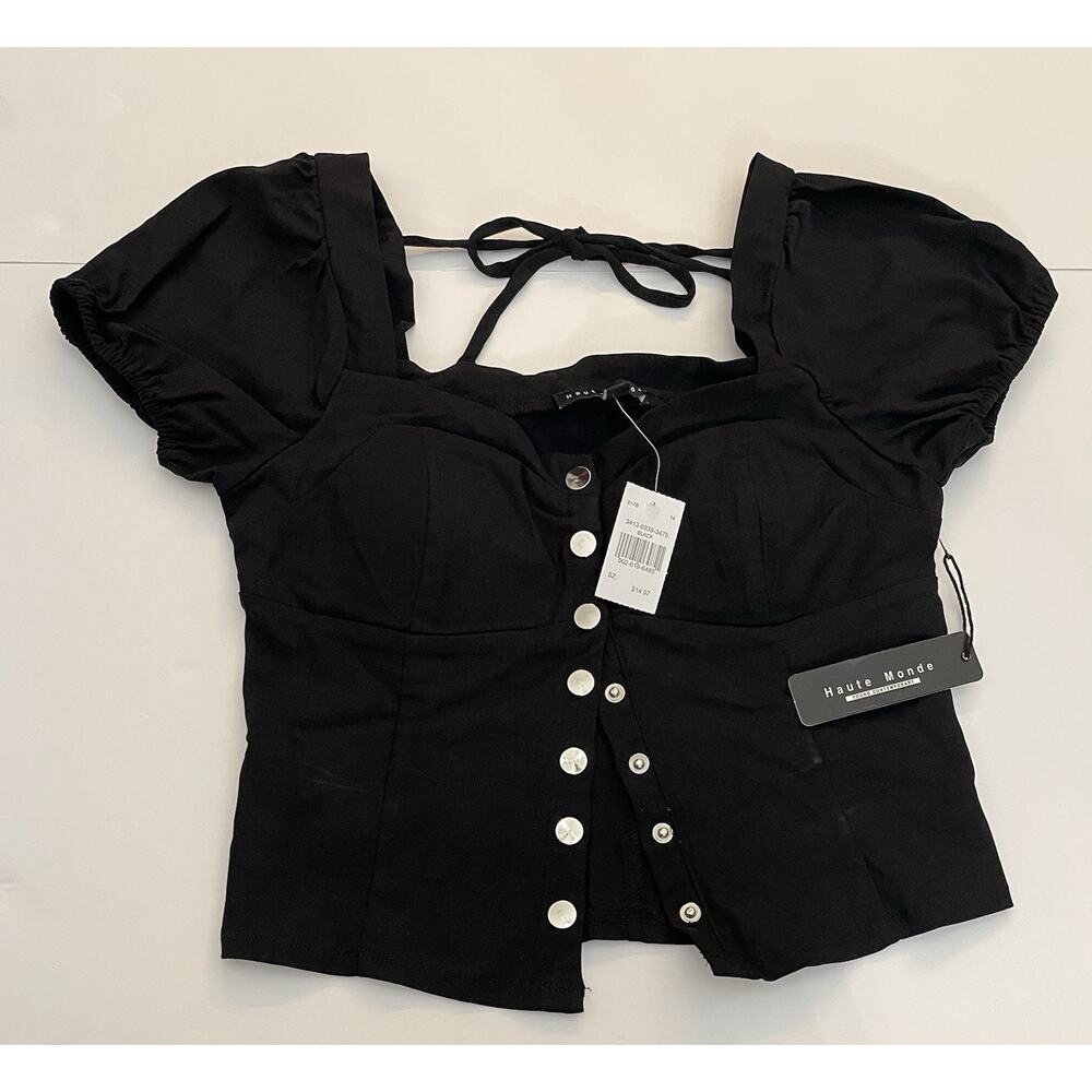 Haute Monde Black Button Front Puff Sleeve Crop Top Size L